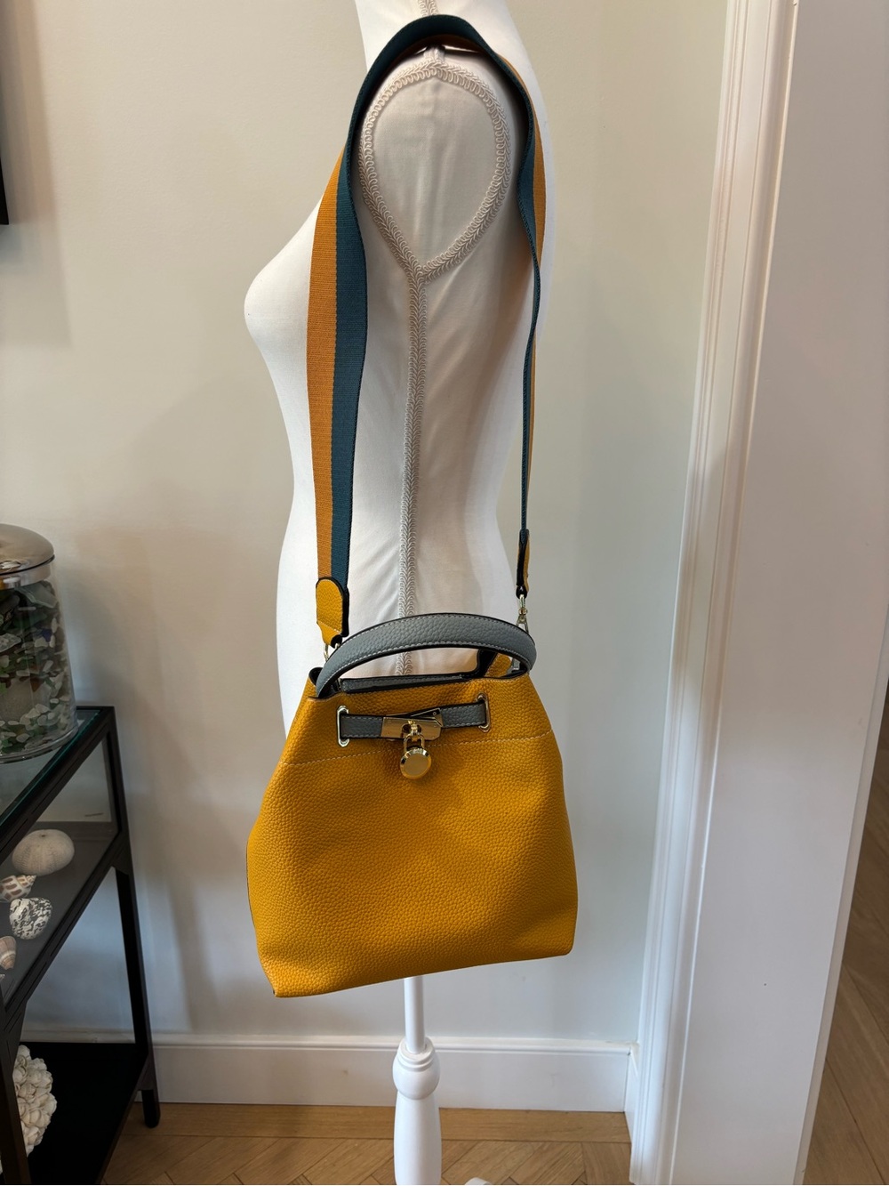 Yellow Pebbled Faux Leather Top Handle Bag with Contrast Shoulder Strap